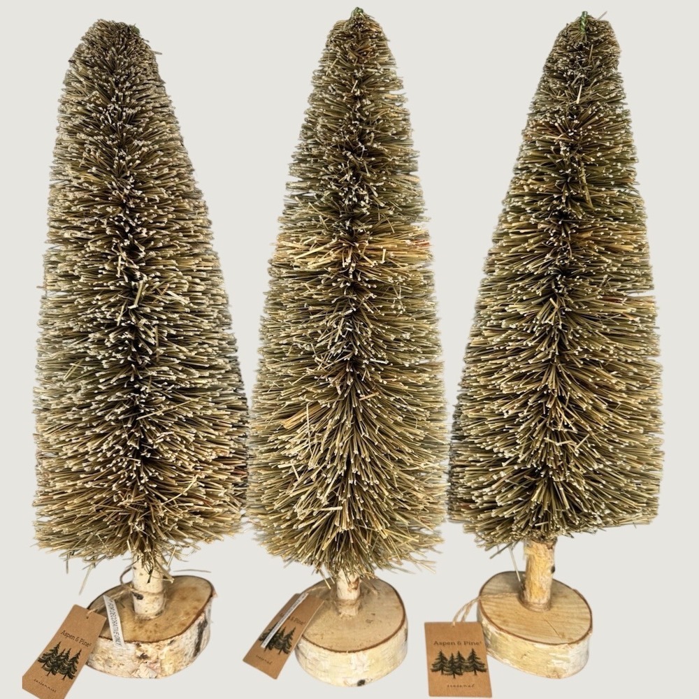 3 NWT 17" Large Bottle Brush Snowy Christmas Trees Birch Wood Base Holiday Frost